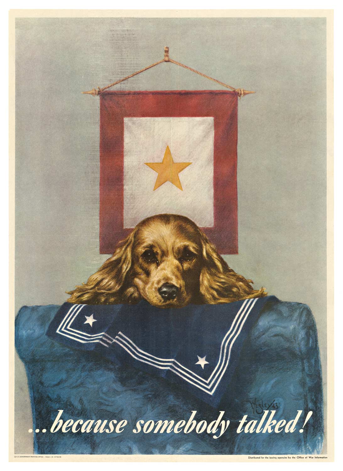 dog with its head on a sailors uniform, someone talked WWII original poster, linen backed.