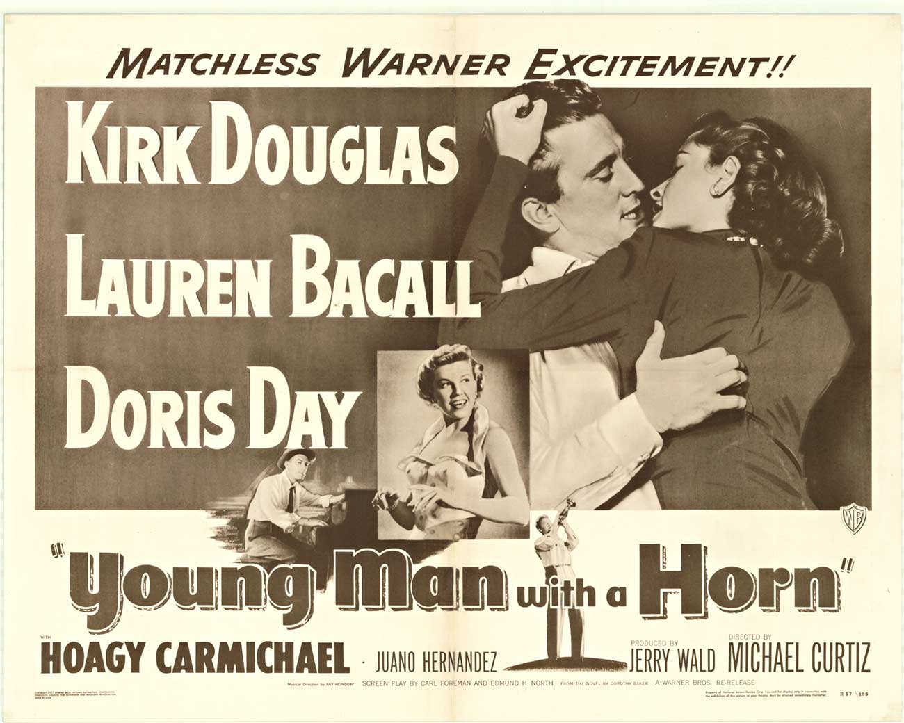 Kirk Douglas, Lauren Bacall and Doris Day star in a Young Man with a Horn. Hmmm, wonder what horn they’re talking about.