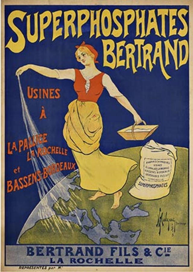 a woman fertilizing the world as she stand on the globe, using this super phosphates. Art nouveu. The stone plate didn’t print all otthe blue at the very top perfectly (after all it is ust 1913!)