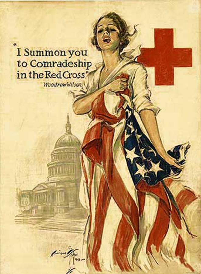 woman draped in a flag, red cross, ww1, original poster, fine condition, military