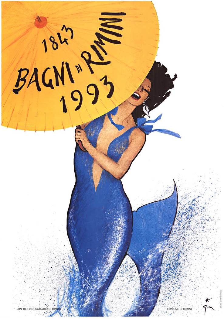 The mermaid in this Italian poster is holding an umbrella with the dates and the name of Bagni di Rimini across the top. The beautiful fashion-conscious mermaid has water splashing off her lower body and tail.