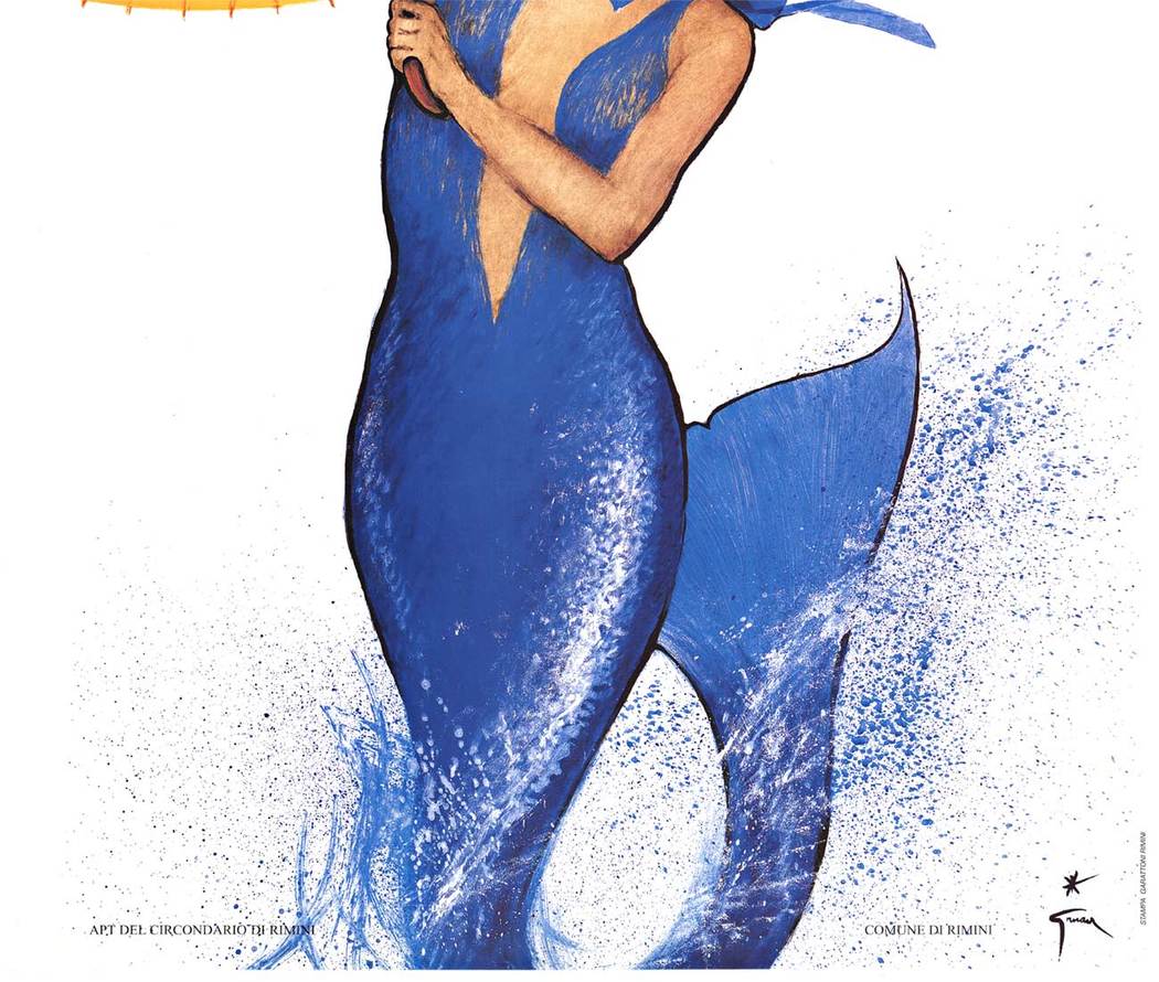 The mermaid in this Italian poster is holding an umbrella with the dates and the name of Bagni di Rimini across the top. The beautiful fashion-conscious mermaid has water splashing off her lower body and tail.