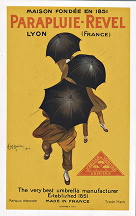 Original very small format poster. PARAPLUIE-REVEL. Linen backed small format original Parapluie - Revel by the famed artist Leonetto Cappiello. This image features the 3 umbrellas by 'the very best umbrella manufacturer. Established 1851. Printe