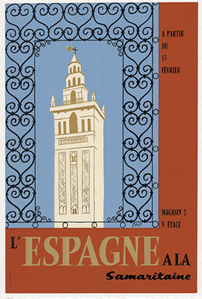 Spain, travel pain, old tower, iron work, linen backed, original poster, fine condition.