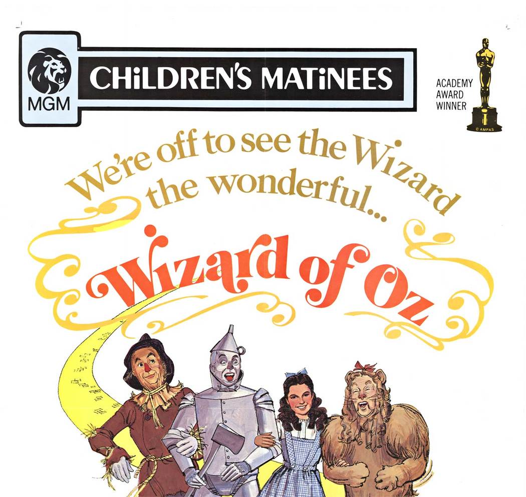 The Wizard of Oz with Judy Garland re-release 1972 movie poster. Linen backed. Professionally restored original fold marks. <br>Children's Matinees. Oscar winning movie. This poster features the image of Dorthy, the Tin Man, The Scarecrow, and Cow