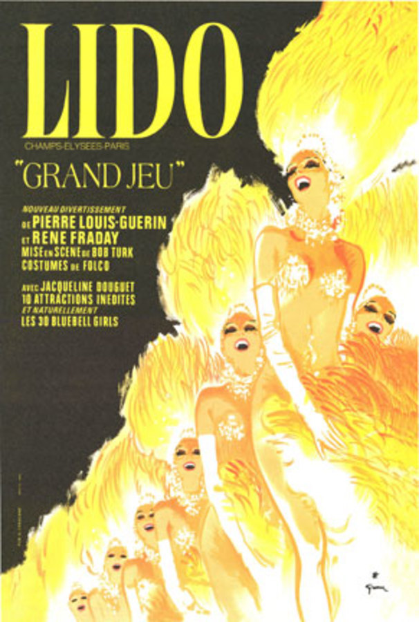 Lido, cabaret dances, feathers, yellow and black, original poster Rene Gruau, theater poster, French poster