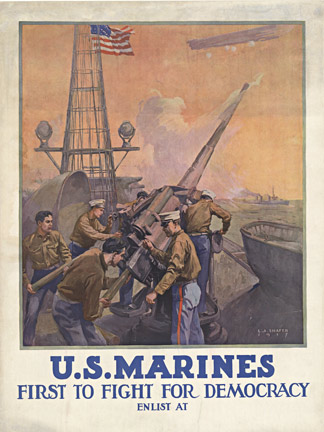 US Marines, original world war 1 poster, linen backed, soldiers, ship,