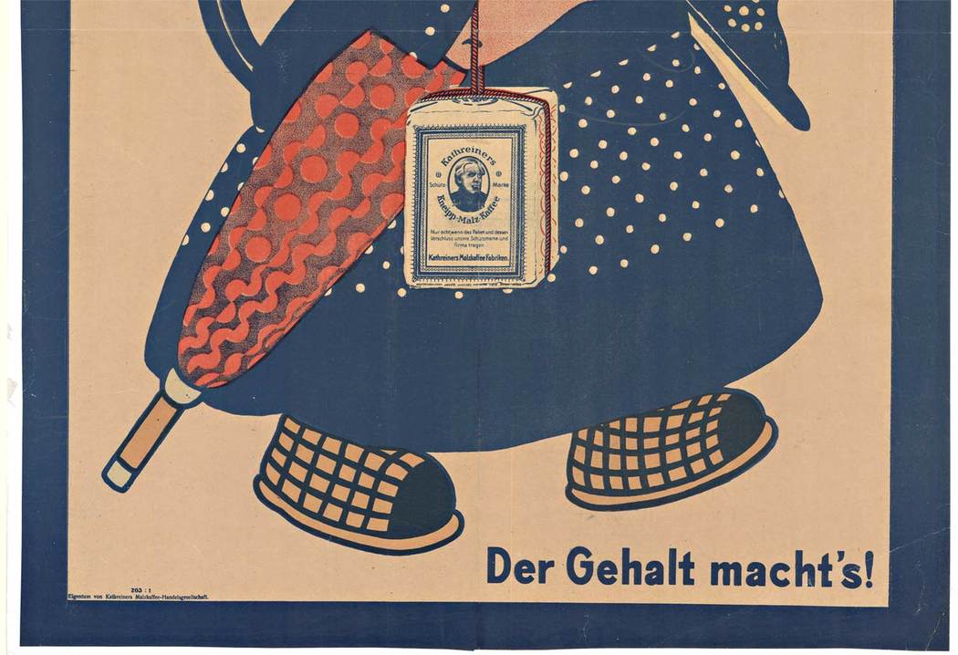 Rare original Kathreiners Malzkaffee antique stone lithographic poster.. Der Gehalt macht's! (Kathreiner’s Malt Coffee). Written in German, They had coffee roasting in both Munich, Germany and Vienna, Austria. It's a linen backed original stone-li