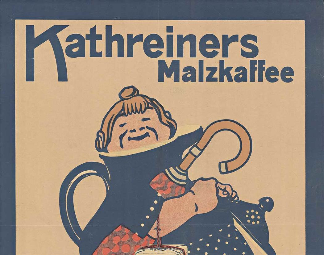 Rare original Kathreiners Malzkaffee antique stone lithographic poster.. Der Gehalt macht's! (Kathreiner’s Malt Coffee). Written in German, They had coffee roasting in both Munich, Germany and Vienna, Austria. It's a linen backed original stone-li