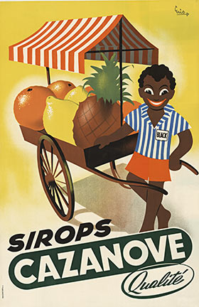 Original Italian newly linen backed poster for Sirops Caznove. Somewhat politically incorrect with a black man pushing a cart full of oranges, lemons, and pineapples... And with his name tag reading Black. <br>Excellent condition.