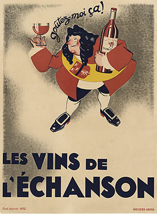 Large overweight gentleman is holding a glass of wine and a big wube bottle in his other hand. French oversize wine poster, original poster, linen backed, Poster is in good condition. (linen edges are a little rough, but that is not part of the antiq