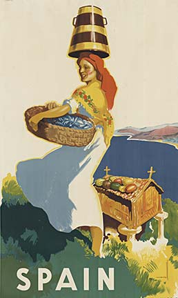 SPAIN. Original vintage European travel poster. Artist: Jose Morell. Size: 24.5" x 39.5". Lithograph in the 1930's. <br> <br>Great Jose Morell piece with vibrant colors. Come travel to Spain. Great condition and purchase comes with certificate of
