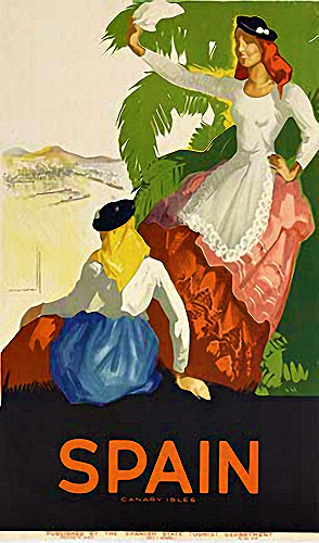 two women, palm trees, pretty dresses, travel poster, original, linen backed, rare poster