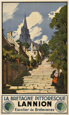 Original French travel poster " La Bretagne Pittoresque LANNION". Chemins de Fer de L'Etat. Printed in France for and bg the French State Railways. <br>Linen backed stone lithograph in excellent condtion. Acid free archival linen backed; ready to 