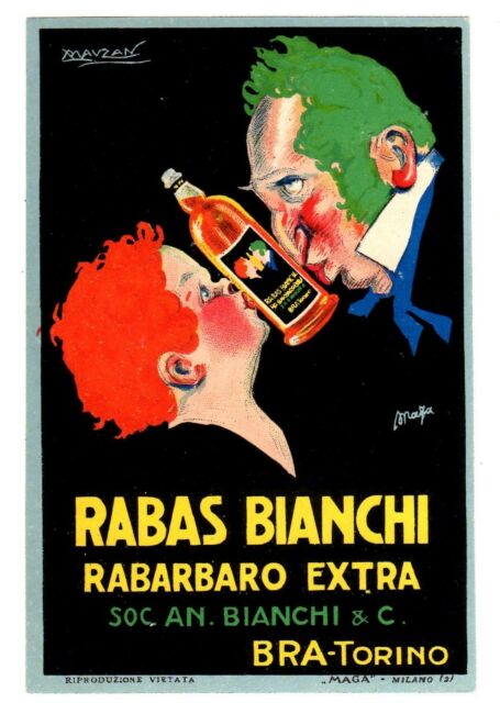 man man with green hair and a boy with red hair are holding a bottle of Rabas Bianchi between their noses, original, Italian, small format.