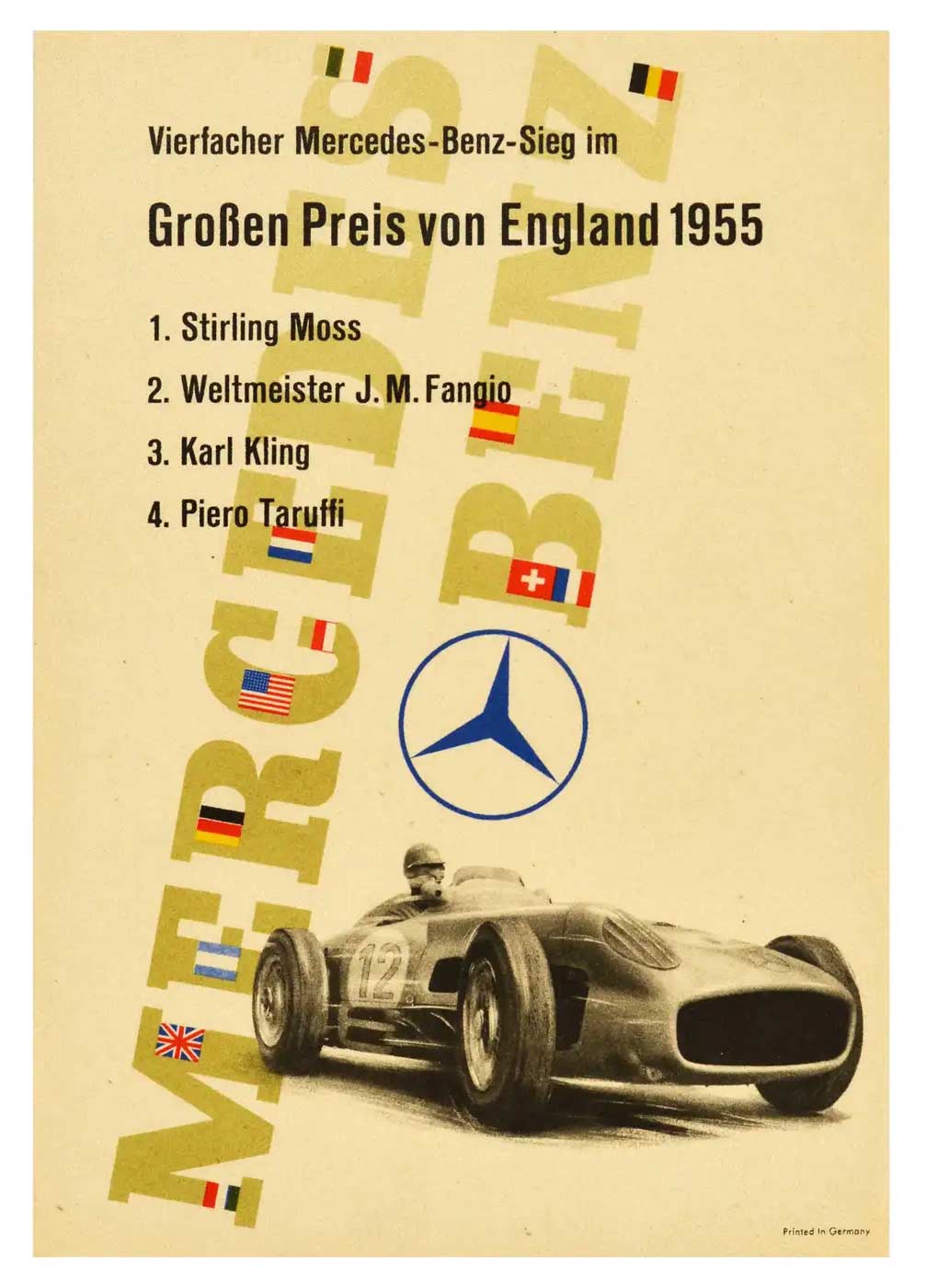 Mercedes Benz racing poster, German text, race car, Mercedes Benz logo, original poster, authentic poster, mid century modern design