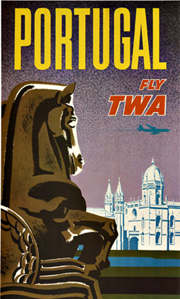 Original David Klein's original TWA travel to Portugal. Featuring one of the old gothic building of Lisbon; and a stone horse as part of a fountain in the foreground. <br>This is an Original Vintage Poster; it is not a reproduction. This poster is con