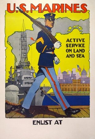 This original WWI recruitment poster for the U.S. Marine Corps features artwork by Sidney H. Riesenberg (1885-1971). <br> <br>Original World War 1 antique military poster: U. S. MARINES ACTIVE SERVICE ON LAND AND SEA. Artist: Sidney Riesenberg. Prof