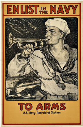 military poster, navy, naval poser, sailor, trumpet, world war 1, WW1, WW1 lithograph poster, seaman