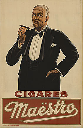 Original Ciagres Maestro vintage cigar poster. <br>Note that this poster was done as the standard size poster of 32.25" x 48.5" as well as a smaller format cartone for indoor display. <br>This is for the large format poster. <br> <br>This poster is linen