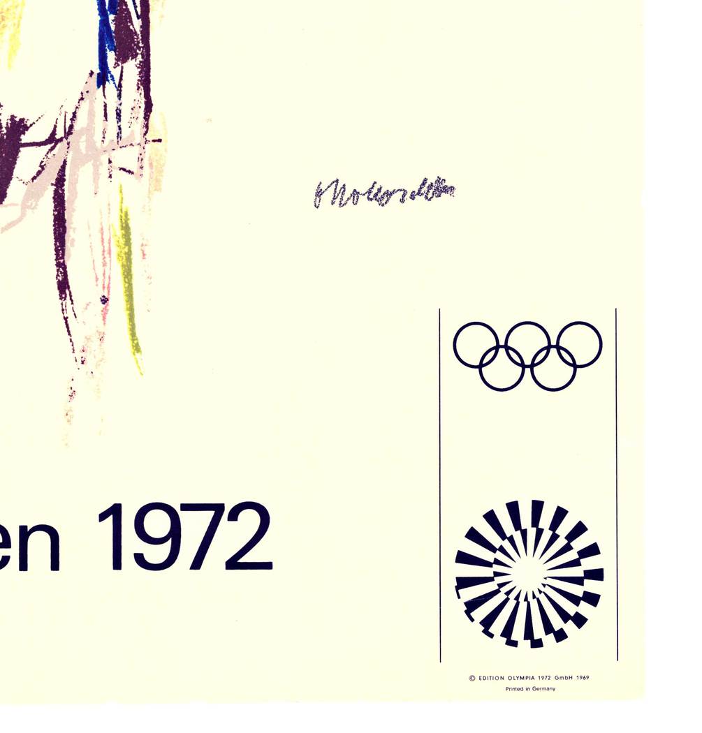 OLYMPISCHED SPIELE MUNCHEN 1972; original German Olympic poster created by the artist: Oskar Kokoshka. Size: 25" x 39.5 ". <br>Colorful sketched design of a discrete nude man in both vivid and pastel color pattern. The five ring Olympic imprint in t