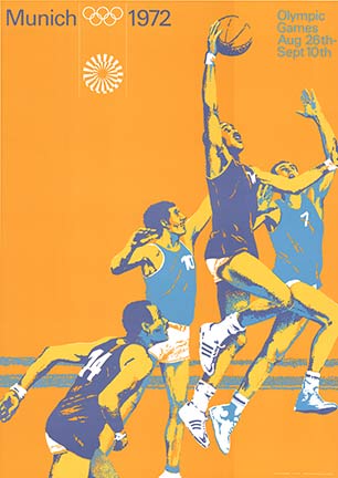 Original Munich, 1972, sports poster for Basketball. Artwork by Max Muhlberger. Profession archival linen backed in very good condition; ready to frame. <br> <br>The 1972 Munich Olympics were the only Olympics games that had both sports posters and we