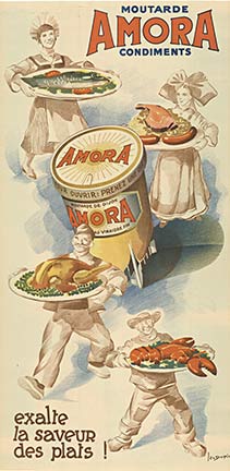 A rare long vertical image for Amora Mustard created by the artist Leon Dupin. Linen backed authentic stone lithograph from the earlier creation done by Dupin. Waiters and chef carry out plates of fish, sausages, turkey and lobster to entice you into u