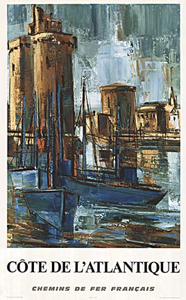 French railroadposter, port scene with fishing boats, abstract art,