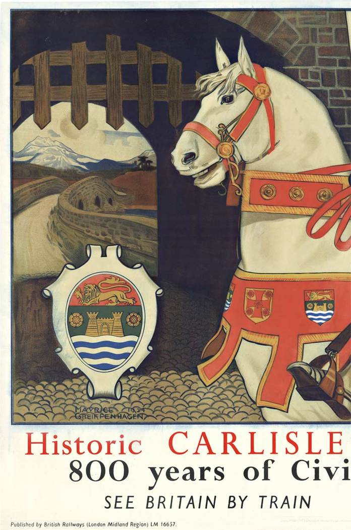 Original horizonal British poster, a knight on a white stallion, castle in the background