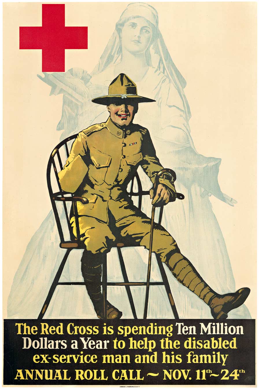 disabled soldier with a crutch, chair, red cross nurse, ww1, original poster, linen backed