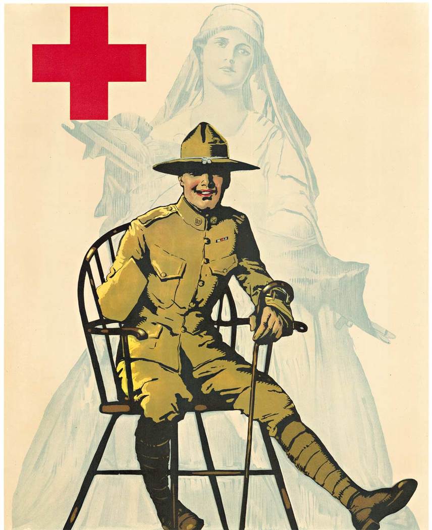 disabled soldier with a crutch, chair, red cross nurse, ww1, original poster, linen backed