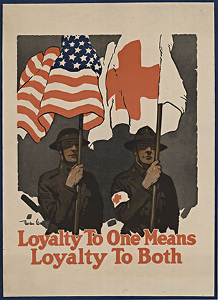 world war 1 poster. Man with US flag; man with red cross flag, linen backed, original