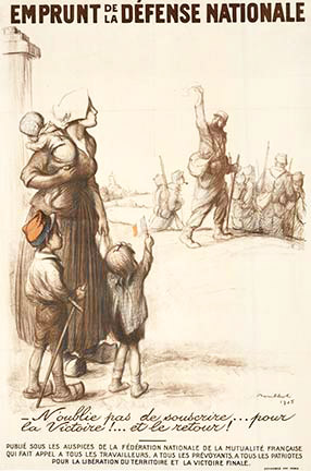 Original French World War 1 stone lithograph poster for the National War loans. This image shows a woman and her children waving goodbye to her husband as he marches off to war. One of the boys has a sword in his hand while the little girl waves a sma