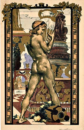 Georges Desvallieres, Porteur d’amphore, The Amphora Carrier, Nude, Belle Epoque, 1897, Turn of the century, Vases, Greek, roman, Person holding a vase, Lithograph with gold embossing
