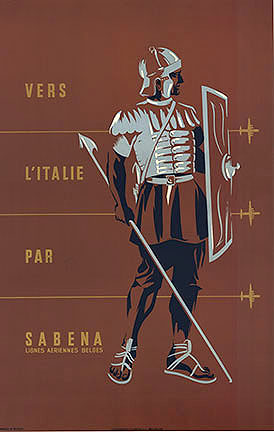 gladiator with suite of armor, linen backed original Sabena Airlines travel poster, fine condition.