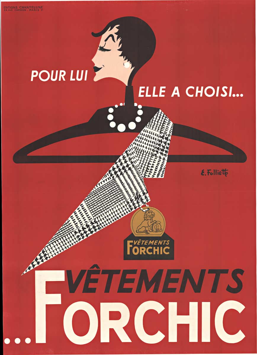 Emile Folliette - Vetements Forchic Head of a woman on the end of a clothes hanger, French fashion poster, original linen backed vintage poster, excellent condition.
