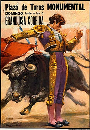 Original; linen backed, bull fighting poster printed in Spain. Plaza de Toros Monumental. Beautifully designed image with the mattador swinging his cape as the bull rushes by. This colorful traditional clothing <br>Larger format than most of the bu