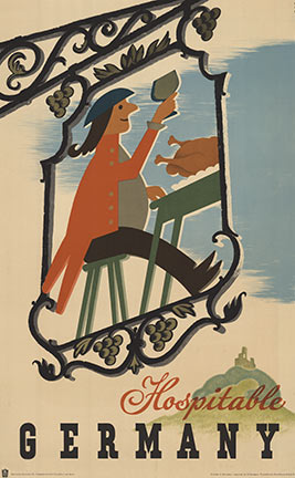 wine pub sign with a man on a stool, table, castle, linen backed original poster, fine condition