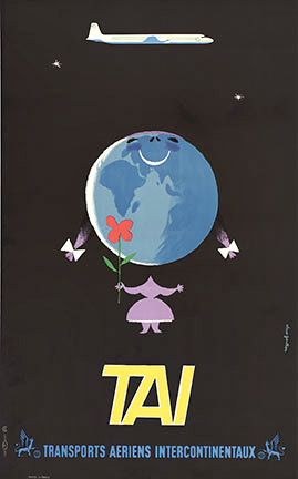 A plane in a black skky flying over the world with a big smile o its face. Flower, A girl whose head is the world globe, linen backed, original poster, fine condition.