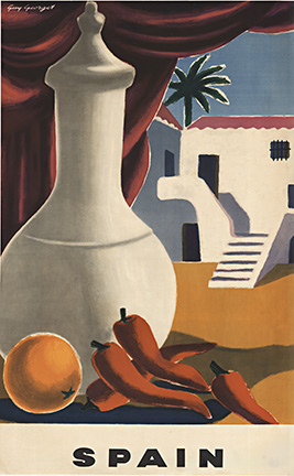 peppers, orange, vase, stairs, palm tree, curtain, sand, original poster, linen backed.