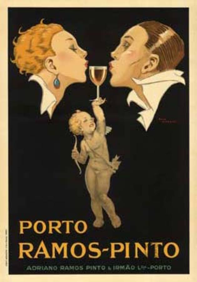 man and woman drinking out of a center cup held by a cherub, art deco, original, fine, linen backed