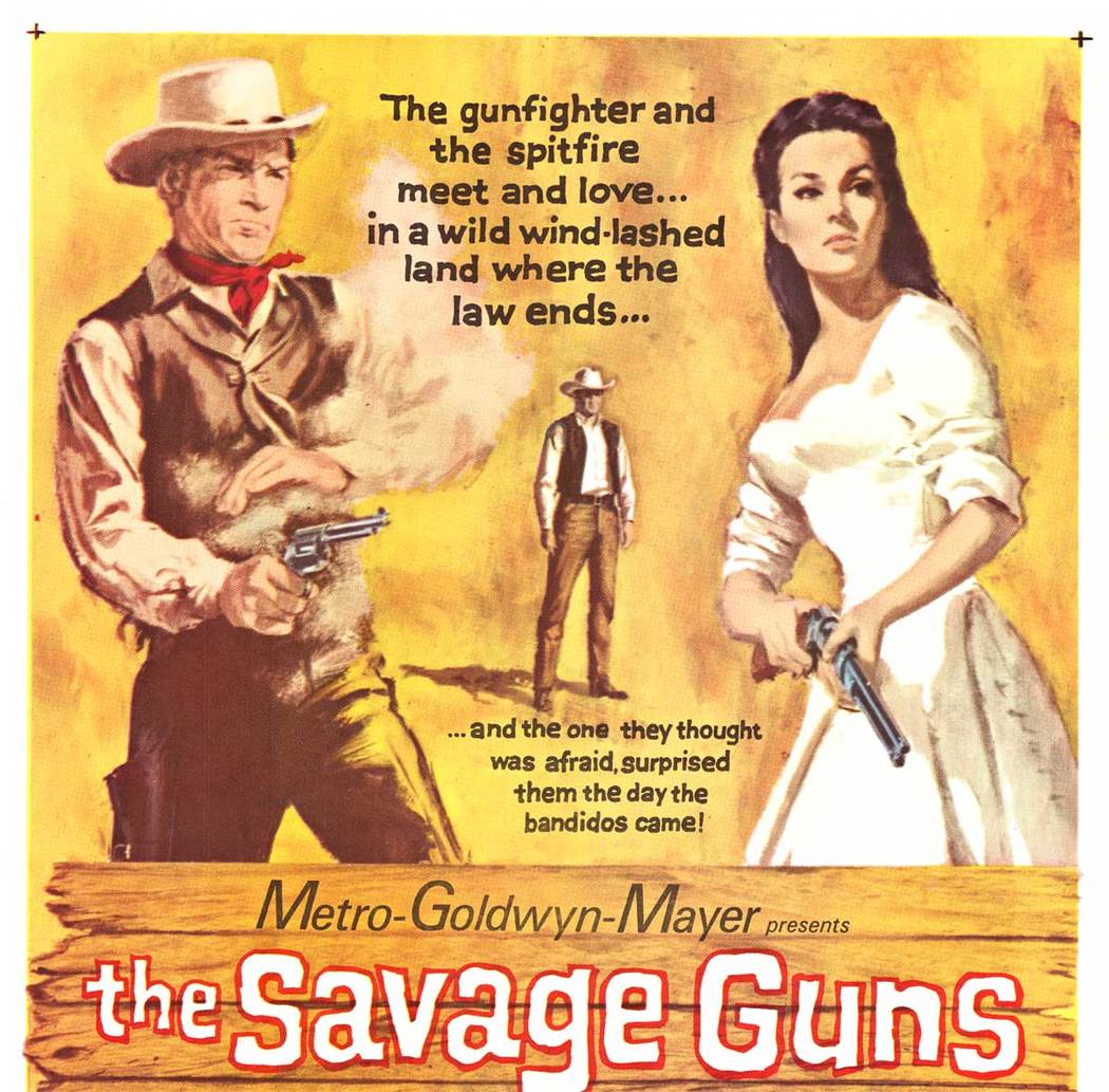 Original linen backed one sheet "The Savage Guns". Nss: 62/298. The gunfighter and the spitfire meet and love in a wild wind-lashed land where the law ends ... And the one they thought was afraid, surprised them the day the bandidos came!. Metro Gol