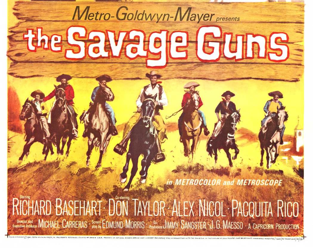 Original linen backed one sheet "The Savage Guns". Nss: 62/298. The gunfighter and the spitfire meet and love in a wild wind-lashed land where the law ends ... And the one they thought was afraid, surprised them the day the bandidos came!. Metro Gol