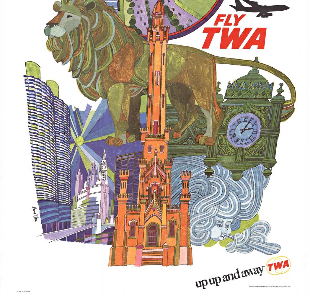 Original vintage travel poster: Chicago - Fly TWA. UP UP and Away Trans World Airline. Artist: David Klein. Size 25" x 40" Dated 1960's. This Chicago TWA poster is a rare original vintage Chicago travel poster. TWA Airlines to Chicago - A clas
