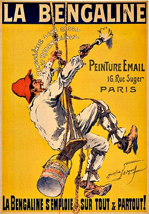 Original stone lithograph, linen backed turn of the century poster "La Bengaline". It shows a man painting the side of a building; with the suspension ropes and boards used to raise and lower him. Peinture Email. Enamel paints. Paris.