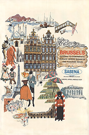 Linen backed poster for Sabena Airlines showing scenes where they travel around the world, linen backed, original poster
