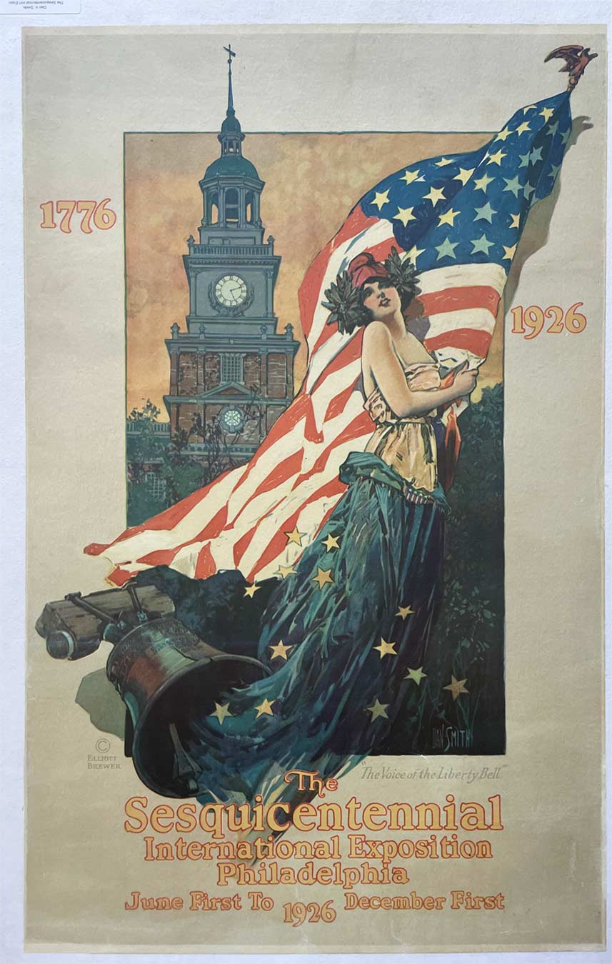 American flag, lady liberty, clock tower, 1776 - 1925, red white and blue, liberty bell, original poster,