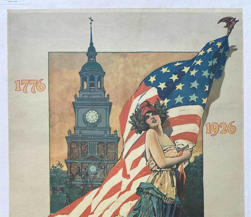 American flag, lady liberty, clock tower, 1776 - 1925, red white and blue, liberty bell, original poster,
