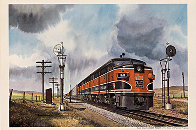 train, train tracks, open plains, linen backed, original poster