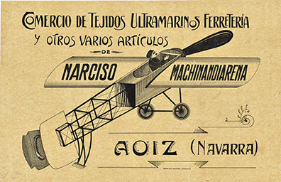 Spanish, airplane, black and white, early air travel, Spain. Comercio de Tejidos - Narciso Machinandiarena.